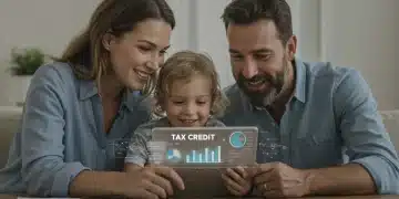 Happy family learning about the 2026 EITC expansion and tax credits on a tablet.