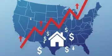 Graph showing rising interest rates over a US map, symbolizing mortgage impact.