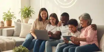 Family using devices, connected by affordable internet, symbolizing ACP benefits