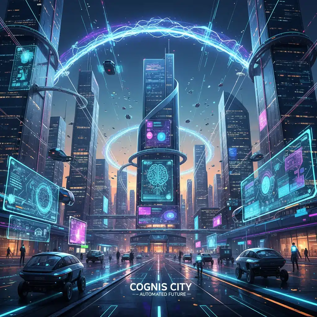 Futuristic city showcasing AI and automation technologies