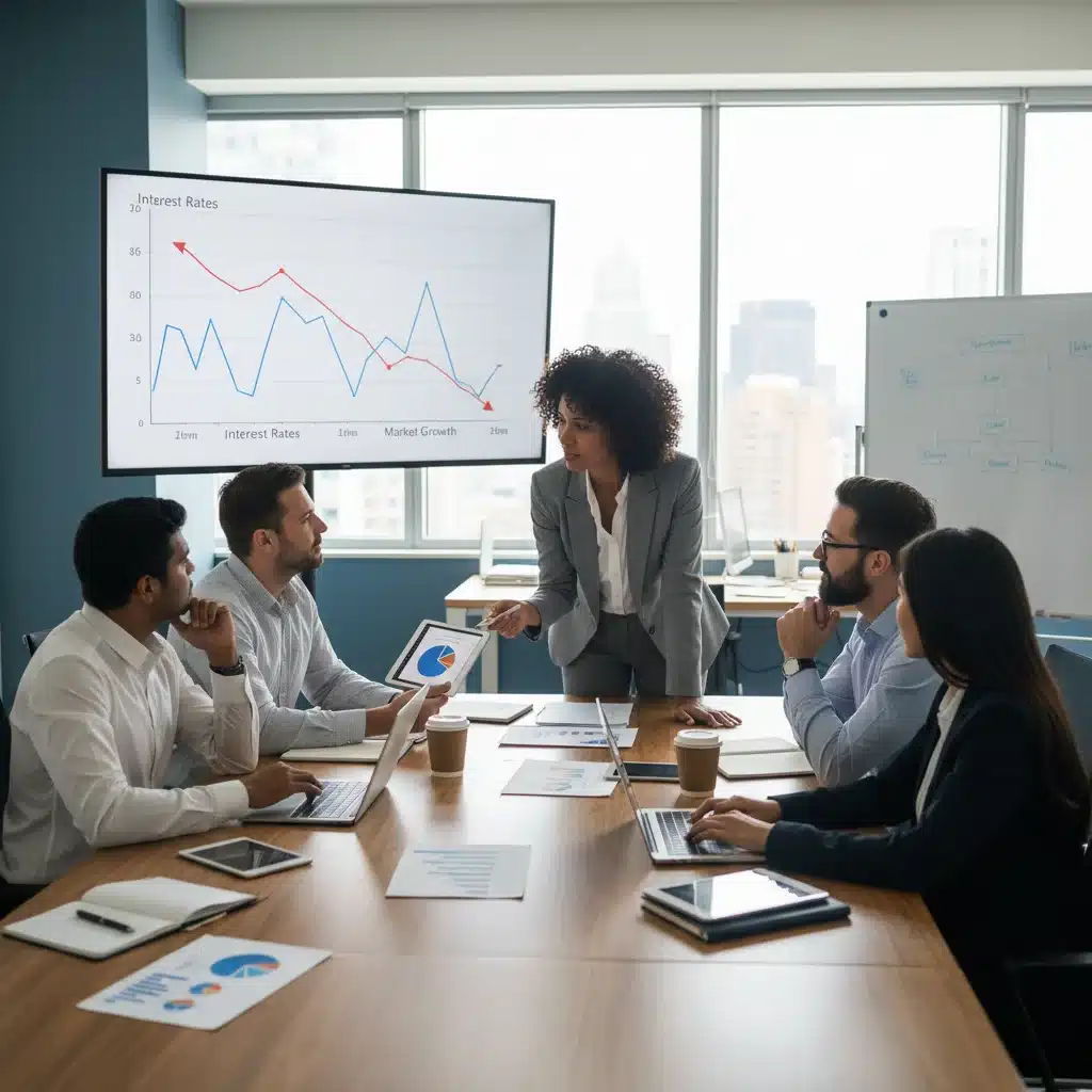 Business team strategizing for economic changes and interest rate fluctuations.