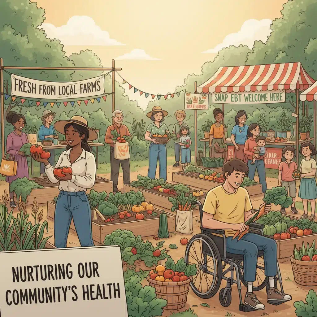Community garden with people harvesting fresh produce, representing healthy food options and SNAP usage