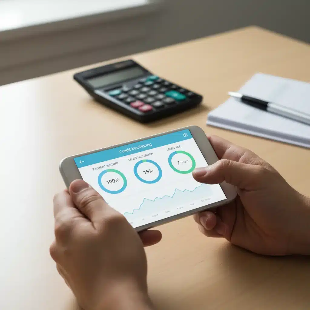 Person using a credit monitoring app on a smartphone to track credit score factors.