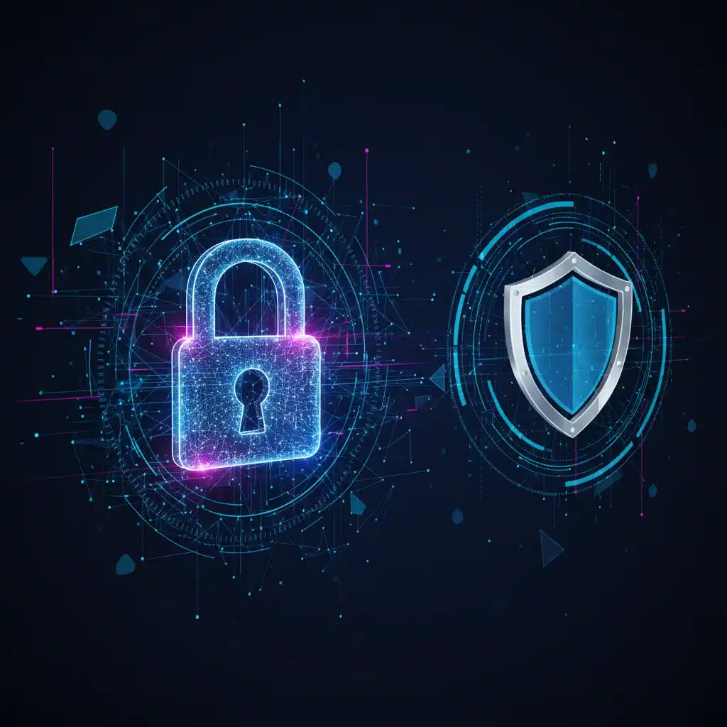 Digital padlock and shield symbolizing data privacy and cybersecurity in tech.