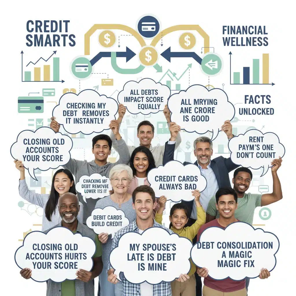 Group of diverse people debunking common credit score myths with speech bubbles.