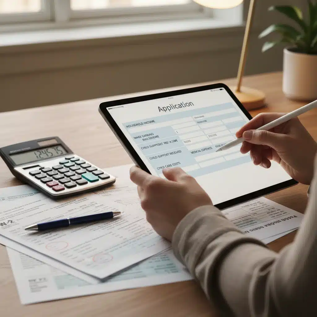 Person meticulously filling out a digital SNAP application, emphasizing accurate reporting of income and deductions