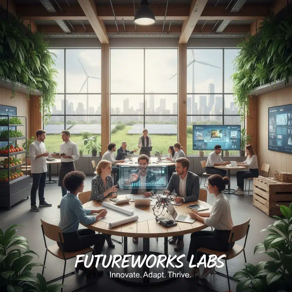 Professionals collaborating in a modern office, representing labor market trends and innovation.