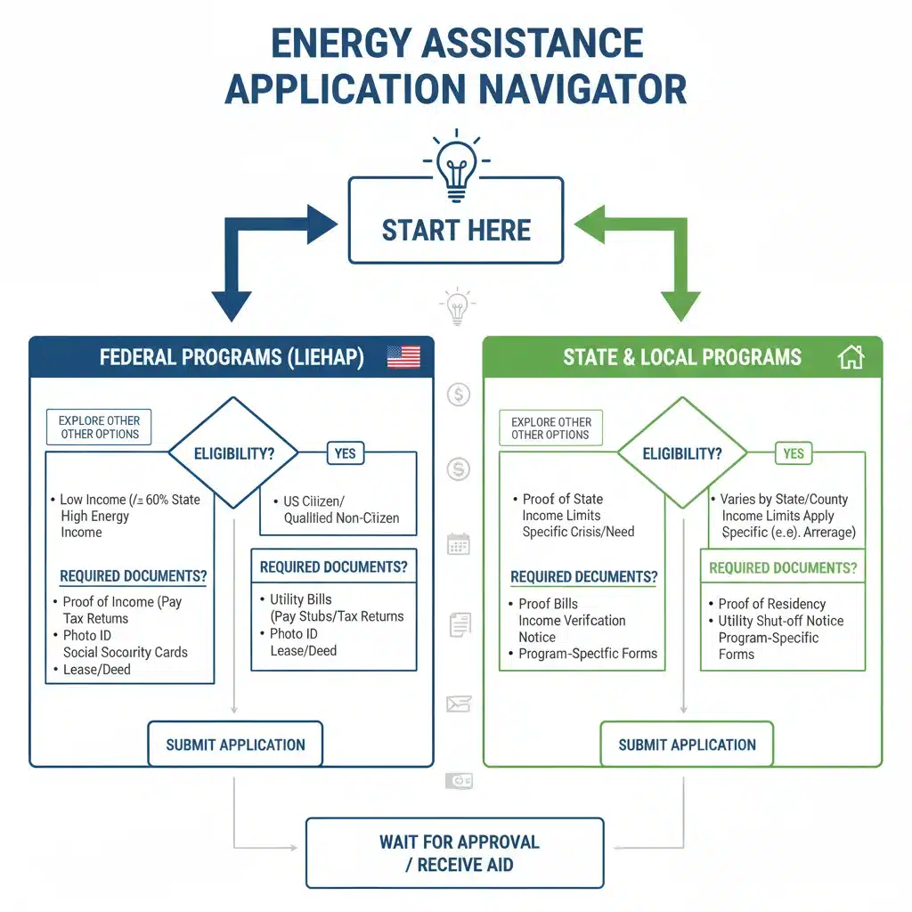 Infographic guiding applicants through federal and state energy assistance applications