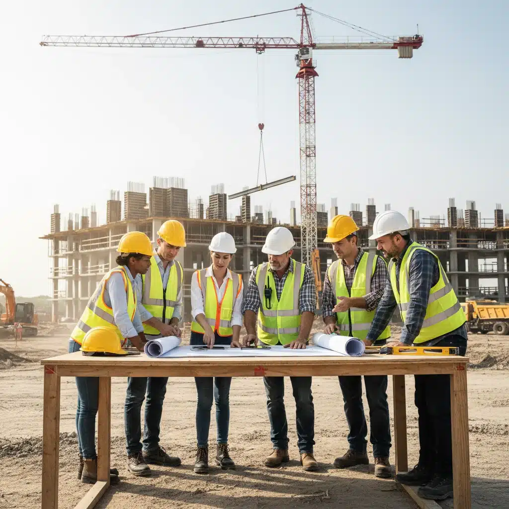 Engineers and construction workers reviewing blueprints on a busy site, highlighting skilled labor.
