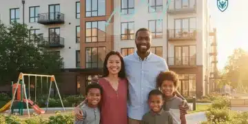 Family smiling in front of affordable housing, symbolizing federal housing assistance and rent reduction programs.
