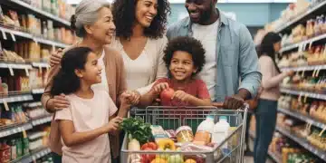 Family happily grocery shopping, symbolizing maximized SNAP benefits and food security in 2026