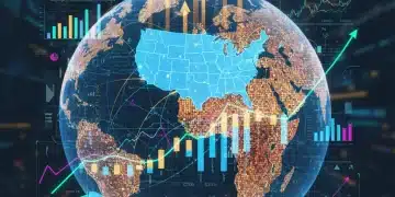 Global economic network with US GDP growth projections and financial charts.