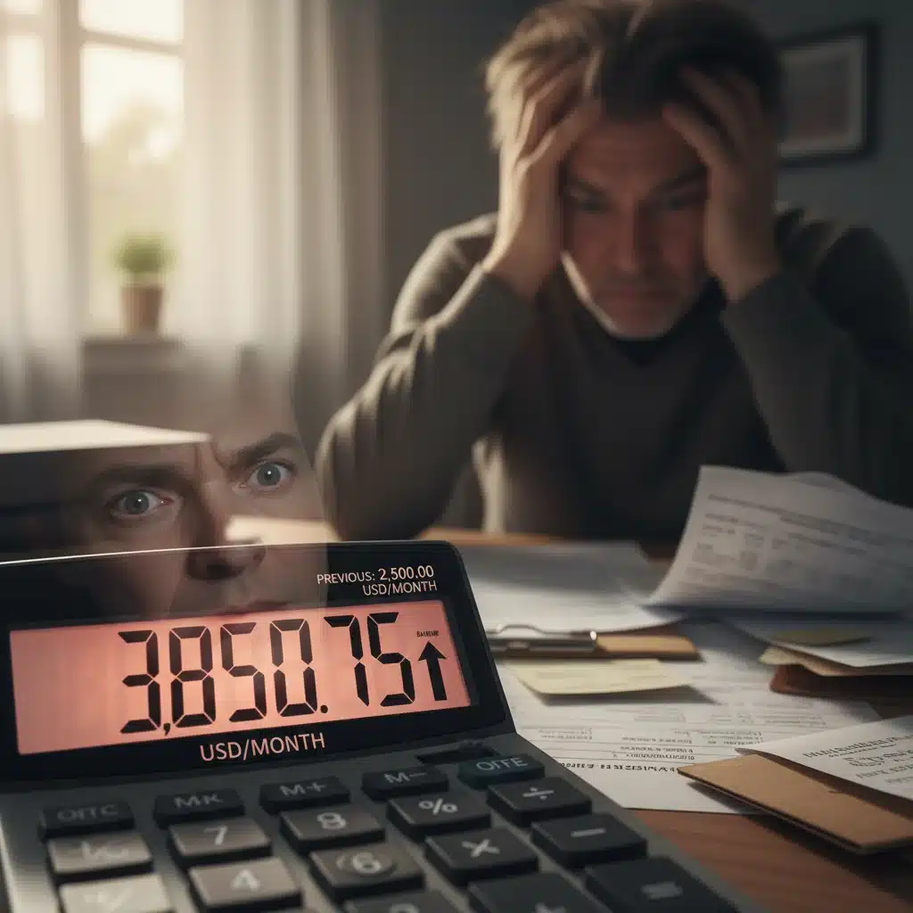 Calculator showing increased mortgage payments, concerned homeowner in background.