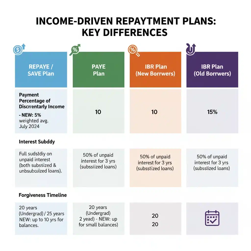 Infographic comparing income-driven repayment plans like SAVE, PAYE, IBR, and ICR