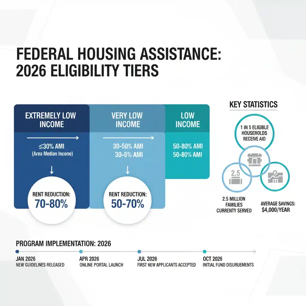 Infographic showing income eligibility tiers and rent reduction percentages for 2026 federal housing programs.