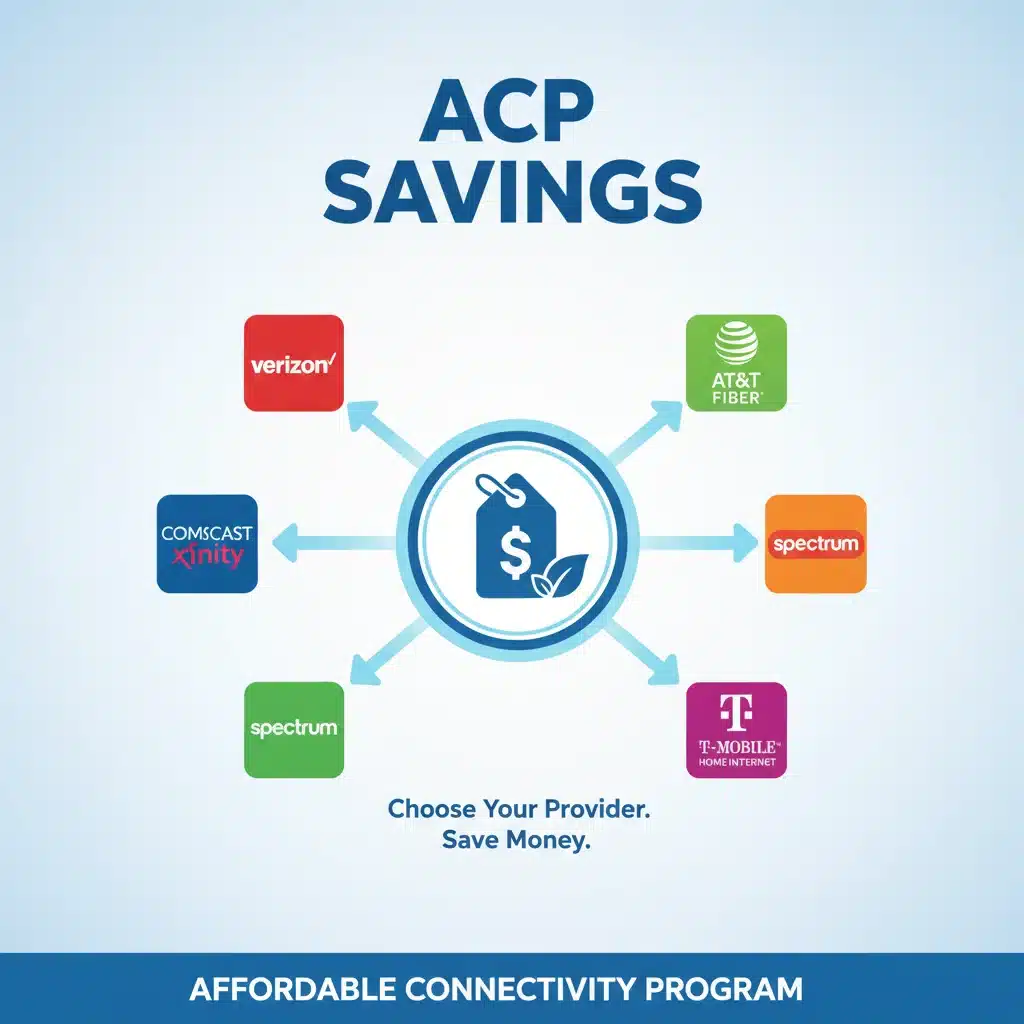 Various internet provider logos with a savings icon, representing ACP choices