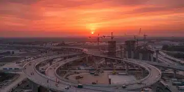 Modern highway interchange under construction at sunset, symbolizing infrastructure growth and job creation.