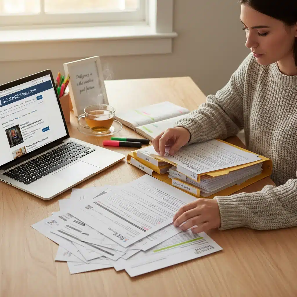 Student organizing scholarship applications, highlighting the importance of organization.