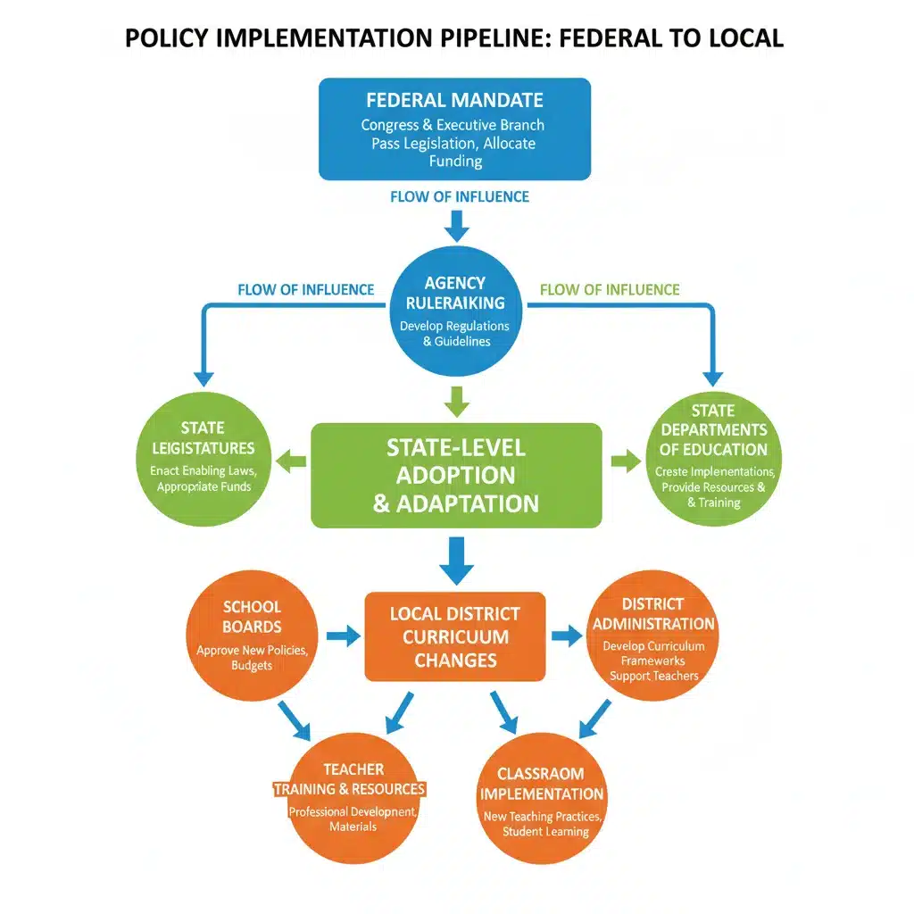 Infographic showing the flow of federal education policy implementation to K-12 curriculum.