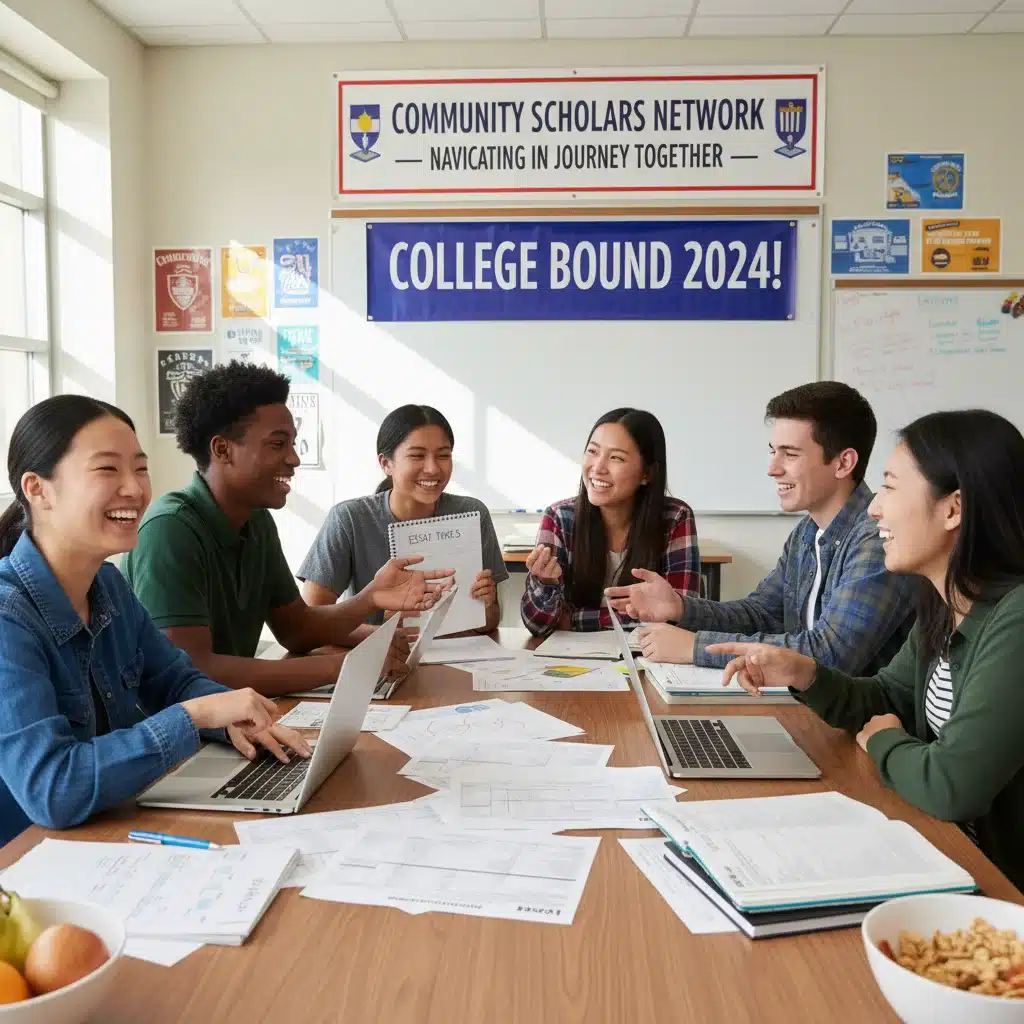 High school students discussing college application strategies and financial aid forms.
