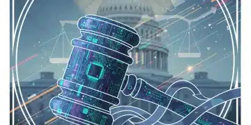 Gavel with circuit board design over US Capitol, symbolizing new tech legislation.