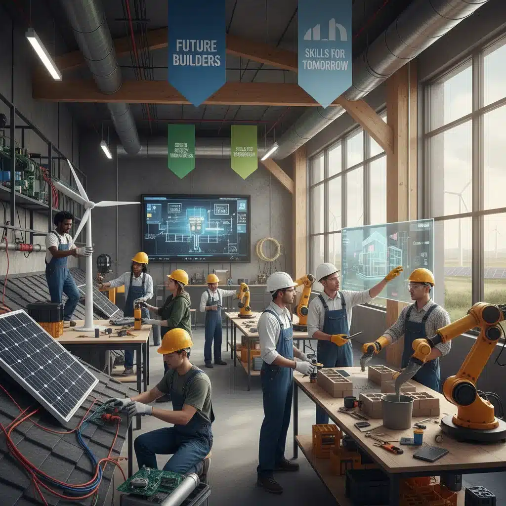 Students and apprentices in vocational training for renewable energy and construction.