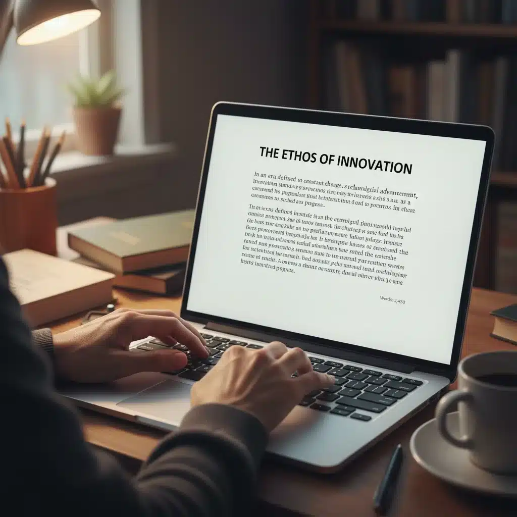 Hands typing a scholarship essay on a laptop, emphasizing strong writing skills.