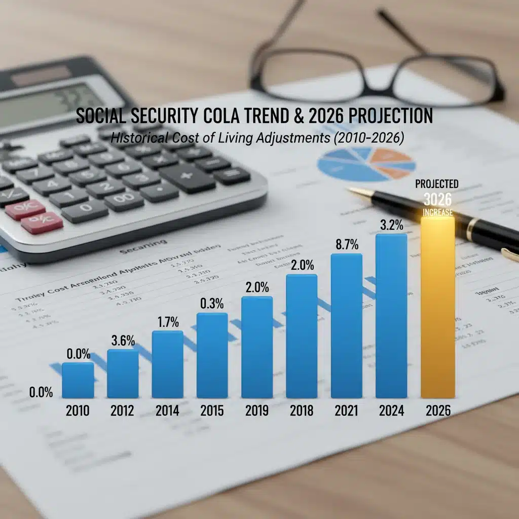 Graphic showing historical COLA adjustments, emphasizing the 2026 3.2% Social Security increase.