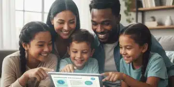 Family reviewing federal assistance documents on tablet