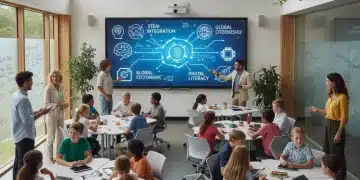 Students and teachers engaged in a modern classroom, focusing on interactive learning tools for K-12 curriculum.