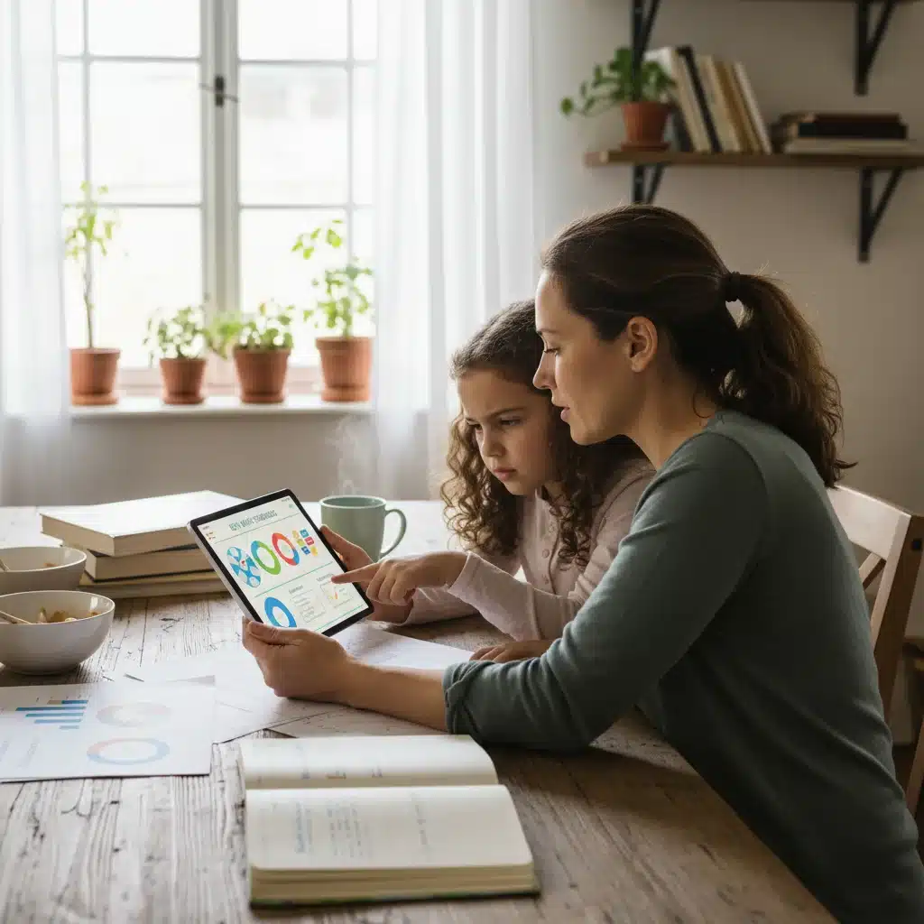 Parent and child reviewing schoolwork on a tablet, engaging with new K-12 educational standards.