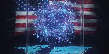 Quantum computing network with glowing qubits symbolizing technological innovation and U.S. global leadership.