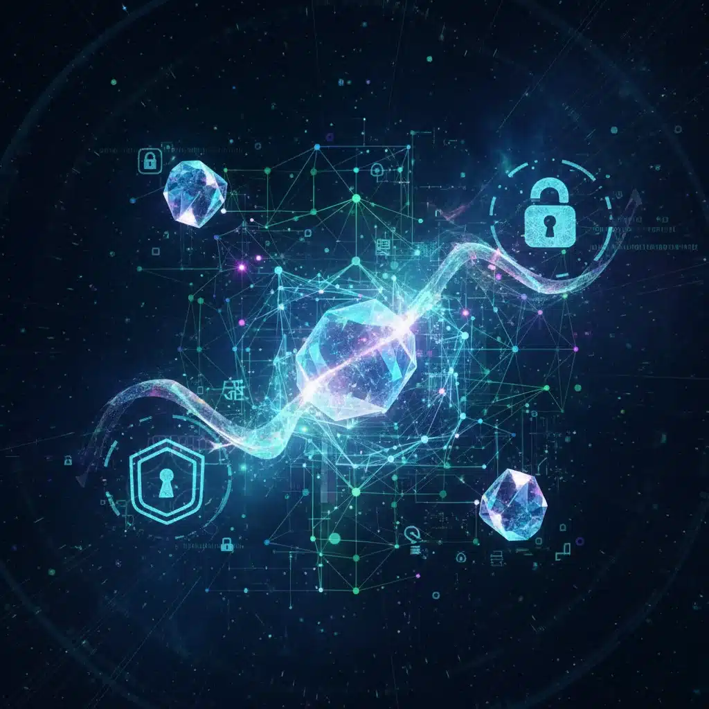 Quantum cryptography network protecting data, symbolizing advanced cybersecurity and national security applications.