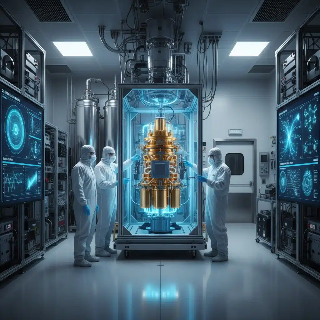 Researchers in a lab examining a quantum processor, illustrating scientific advancements in quantum technology.