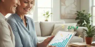 Senior couple reviewing 2026 Social Security benefit increase on tablet, smiling confidently.