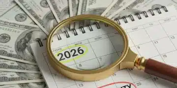 Calendar 2026 with money and magnifying glass, symbolizing future COLA adjustments.