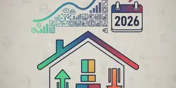 Illustration of 2026 housing market with interest rate graph and home affordability indicators.