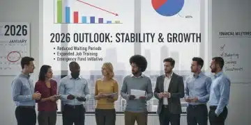 People analyzing 2026 unemployment benefit data on a screen, planning for financial future.