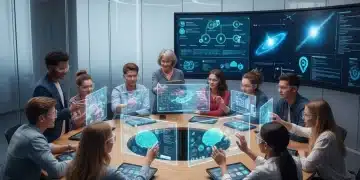 Students and teacher engaging with AI in a modern classroom setting