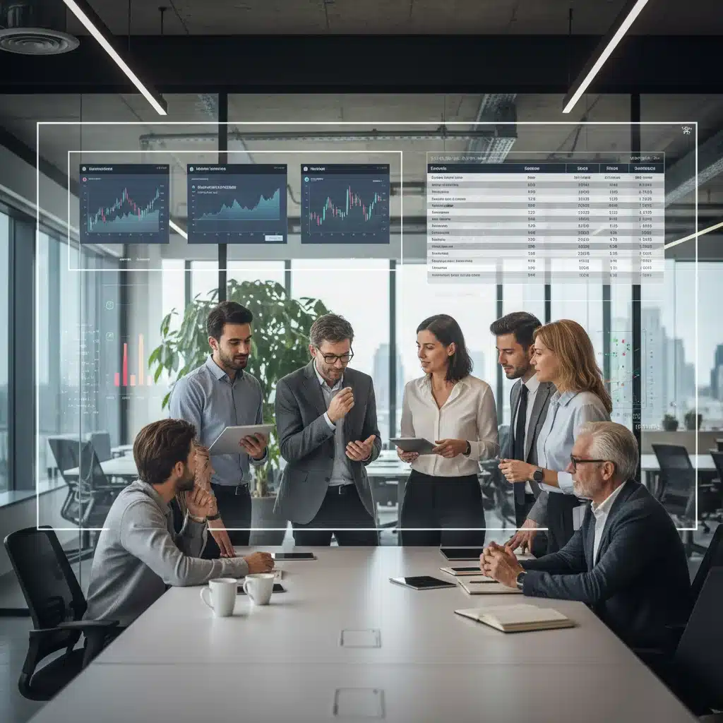 Investors analyzing comparative data of various investment platforms on a large screen
