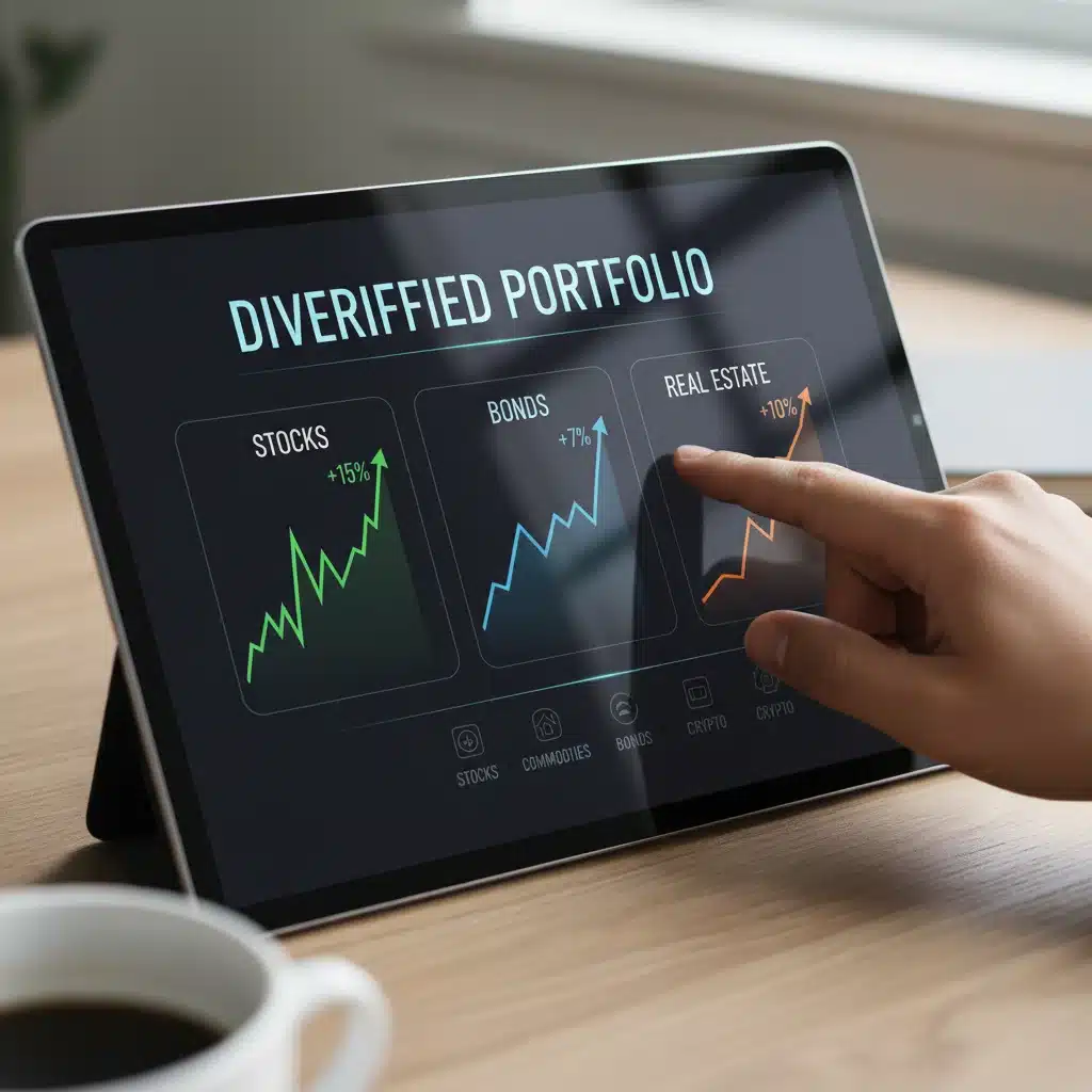 Diversified investment portfolio on a tablet screen, showing growth