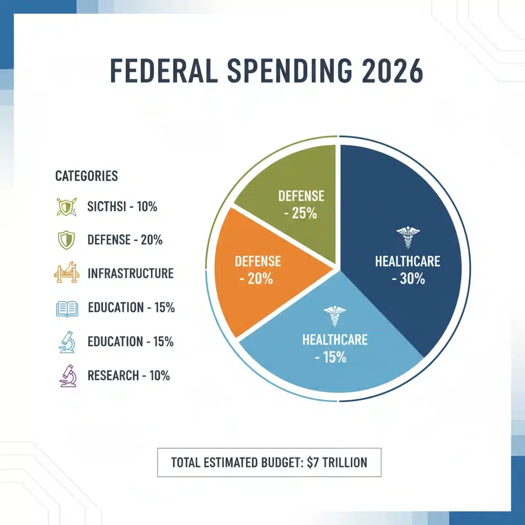 Infographic displaying federal budget 2026 spending categories and percentages.