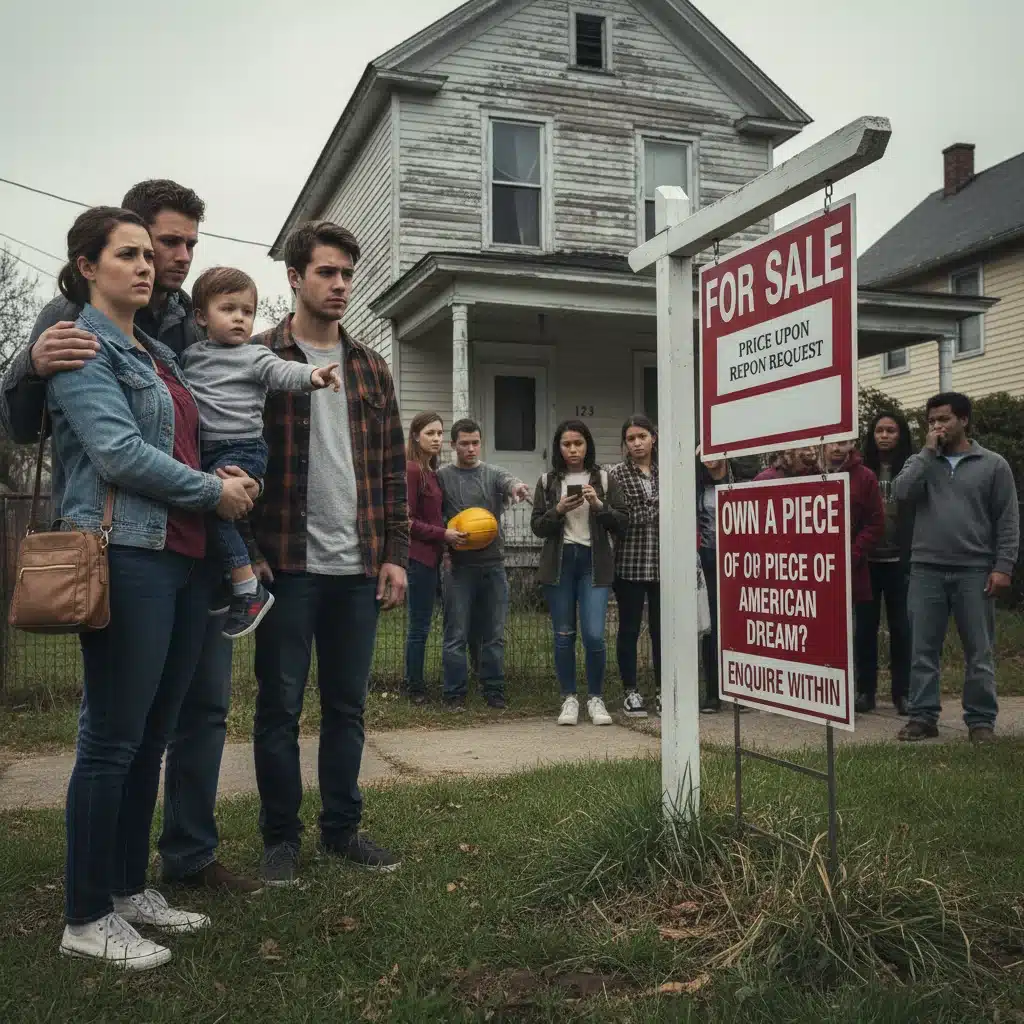 People looking at a 'for sale' sign, representing housing affordability challenges.