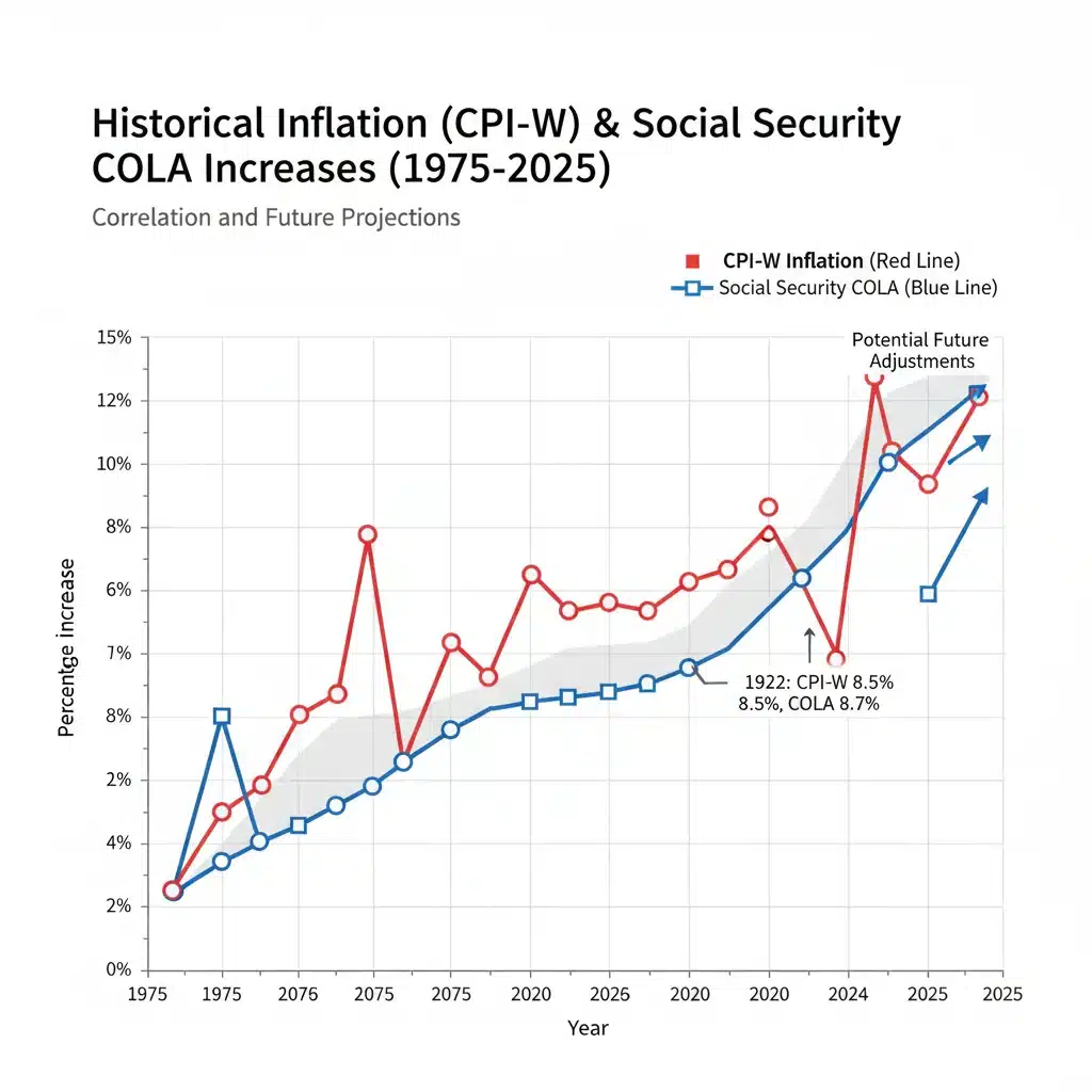 Graph illustrating historical inflation and COLA trends, highlighting CPI-W.