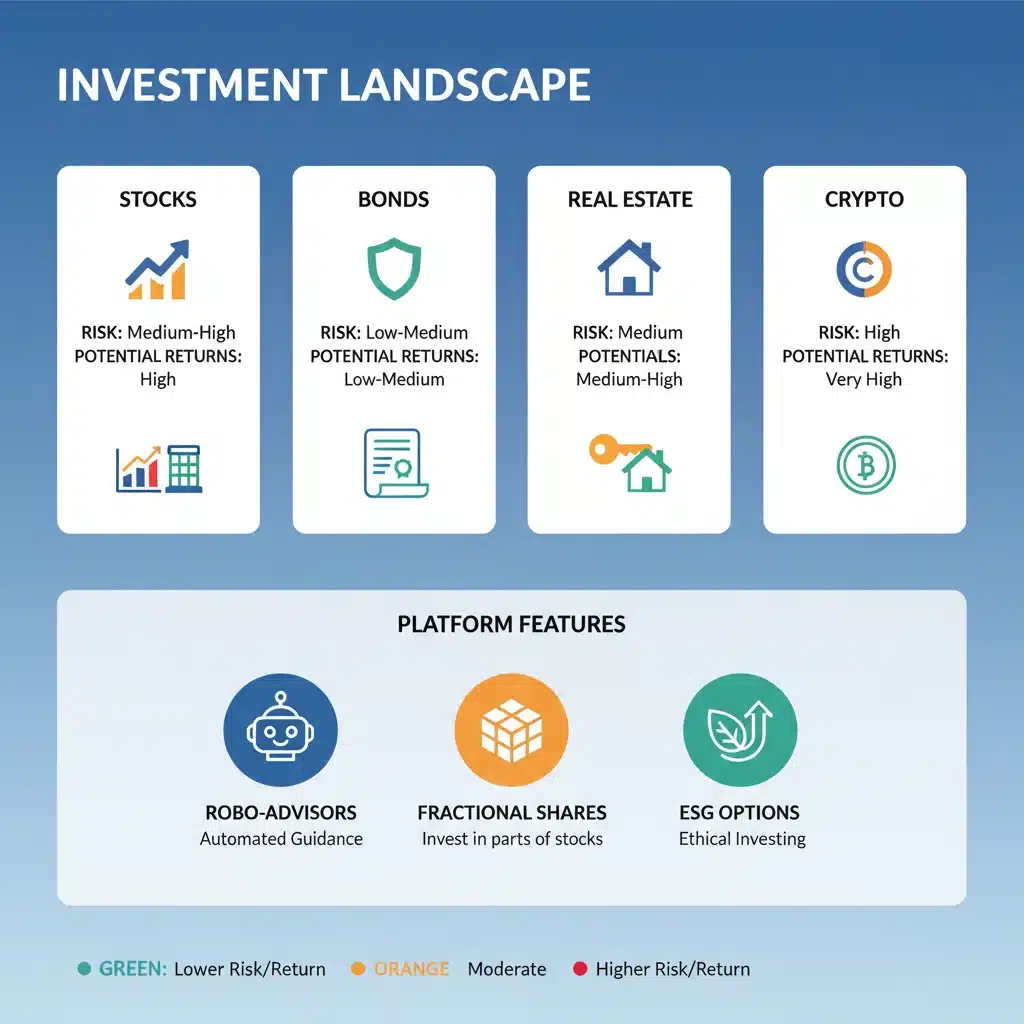 Infographic detailing investment types, risk, returns, and platform features