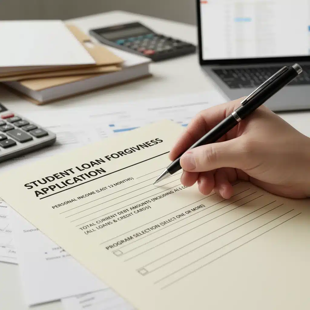 Hand filling out a federal student loan forgiveness application form