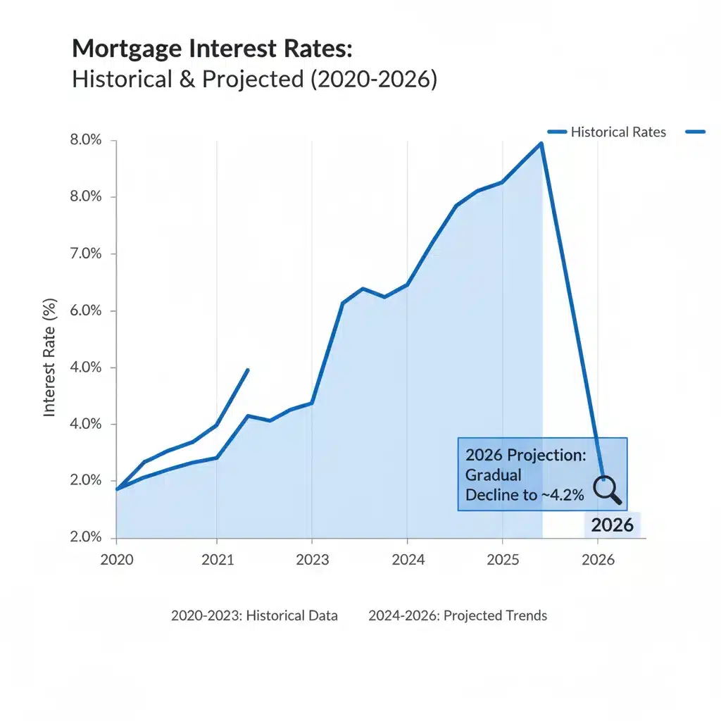Graph showing historical and forecasted mortgage interest rates for 2026.