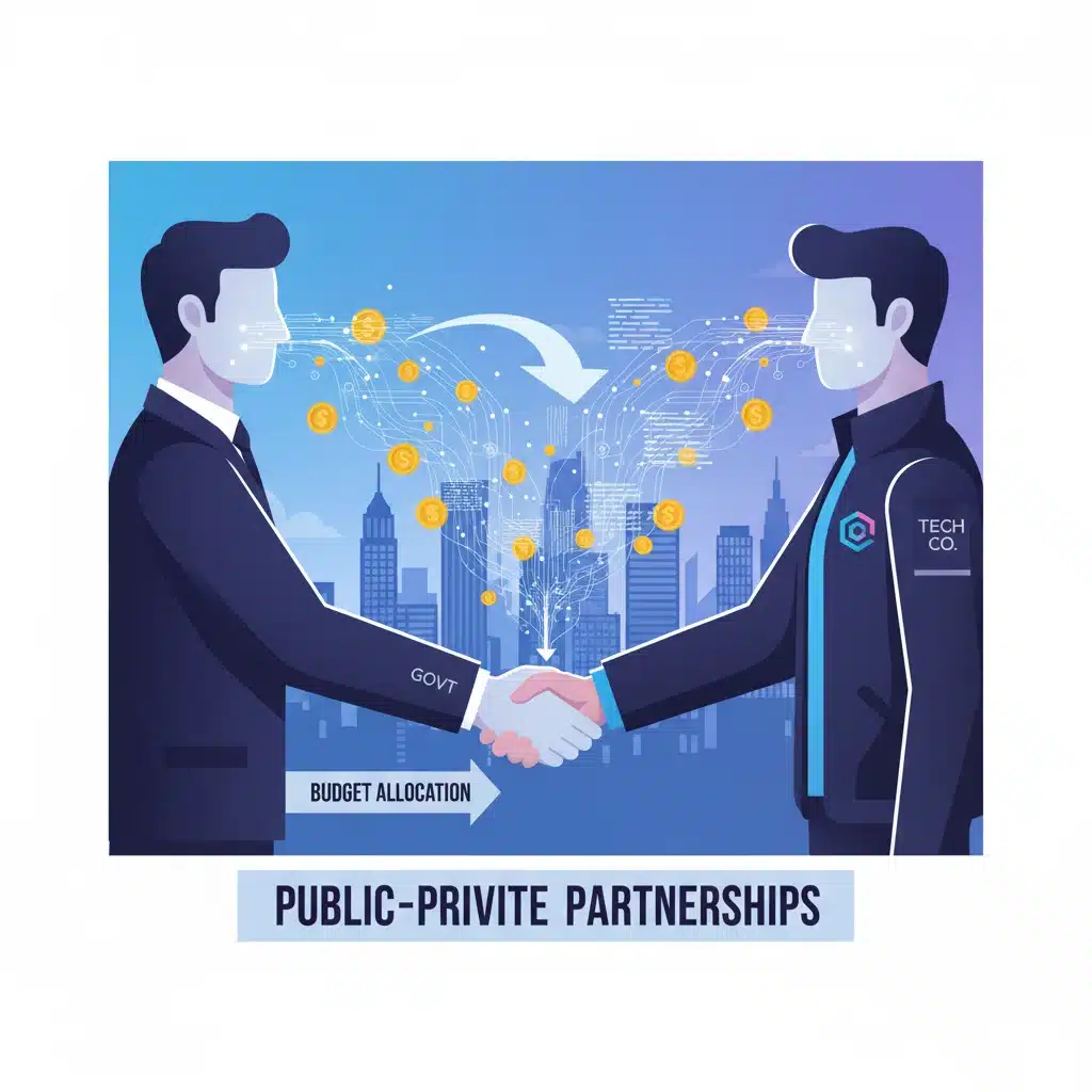 Government and tech industry representatives shaking hands, symbolizing budget-driven partnerships.