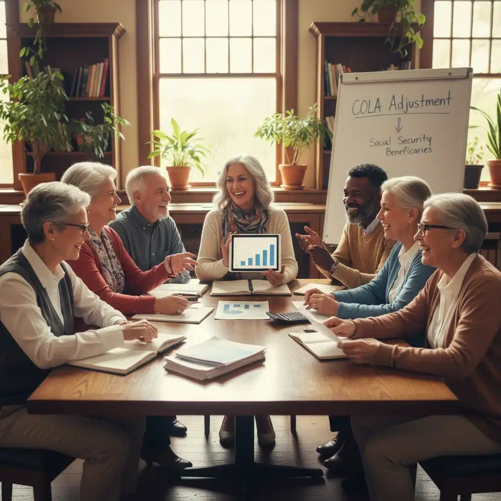 Diverse group of seniors discussing financial planning, anticipating COLA impact.