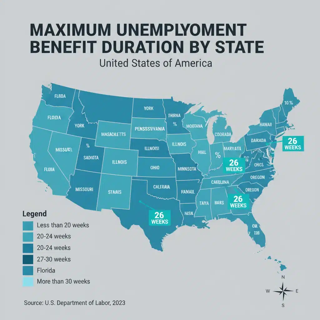 US map infographic showing state unemployment benefit durations, highlighting 26-week states.